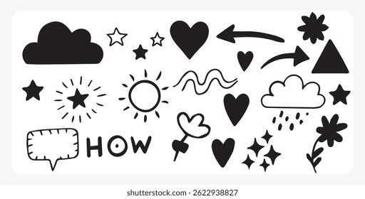 Outline Vector of Hand-Drawn Design Elements and Doodle, doodle, hand drawn, design, elements, vector, icon, outline, black, sketch, art, decor, drawing, swirl, flourish