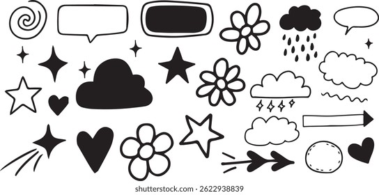 Outline Vector of Hand-Drawn Design Elements and Doodle, doodle, hand drawn, design, elements, vector, icon, outline, black, sketch, art, decor, drawing, swirl, flourish