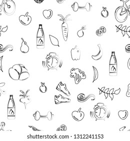 outline vector healthy lifestyle seamless pattern of veggiesand sports elements, workout