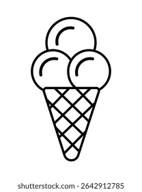 Outline Vector Ice Cream Cone with Three Scoops Dessert Treat Illustration Isolated on White Background