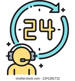 Outline vector icon of 24 hours customer service illustration