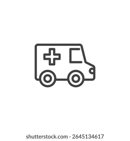 Outline vector icon of an ambulance with a medical cross. This line icon symbolizes emergency response, rescue vehicle and healthcare transport.