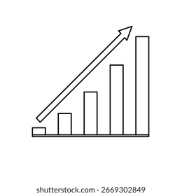 Ícone de vetor de contorno de um gráfico de barras que mostra valores crescentes com uma seta para cima. Ideal para representar crescimento, sucesso, desempenho, finanças, vendas, marketing, progresso de negócios e análise de dados