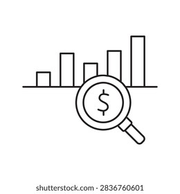 Outline vector icon of a bar graph being inspected by a magnifying glass. Symbolizes data analytics, stock market research, and financial auditing.
