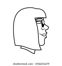 Icono de contorno vectorial, en blanco y negro, de la cabeza de una mujer, perfil, con corte de pelo corto y gafas de sol.