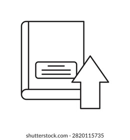 Outline vector icon of a book with an upward pointing arrow, representing uploading educational materials and publishing e-books.