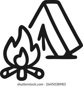 Outline vector icon of a campsite featuring a tent and a bonfire, representing outdoor recreation, hiking adventure, and wilderness survival.