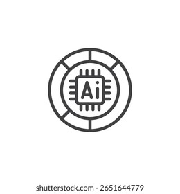 Outline vector icon of circular badge with AI letters. Simple tech line icon symbolizing AI identity and recognition. Clean vector symbol design.