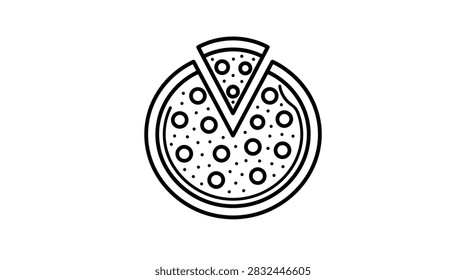 Outline vector icon of a classic round pizza with one slice cut out, ready for serving or takeaway