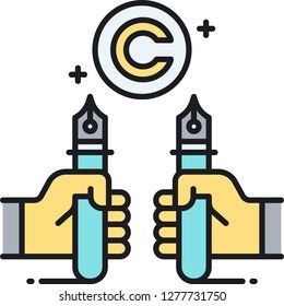 Outline vector icon of copyright conflict illustration. Two hands holding pens against each other.