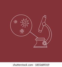 Outline vector icon covid19 with the microscope. Laboratory research, analysis, testing.  Coronavirus, covid-19 vector line icon.  Concept  design.