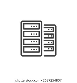 Outline vector icon of a data server tower with visible panels. This line icon symbolizes IT infrastructure and centralized storage. Network icon in modern style.