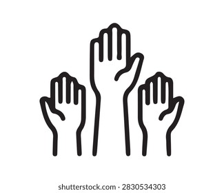 Outline vector icon depicting multiple human hands raised high representing teamwork and voting with teamwork participation community activism