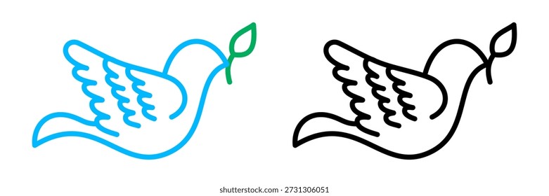 Icono de Vector de contorno de paloma sosteniendo una rama de olivo. Pictograma lineal mínimo en color y versiones negras, símbolo de paz, libertad, esperanza y armonía.