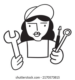 Outline vector icon. Female mechanic. Hand drawn illustration on white background.