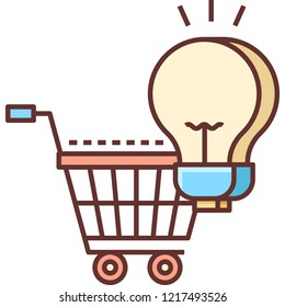 Outline vector icon of giant bulb and shopping cart illustration. Ecommerce solutions concept.