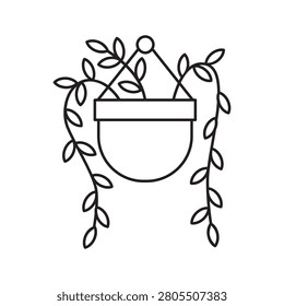 Outline vector icon of a hanging planter basket featuring a trailing leafy vine plant.