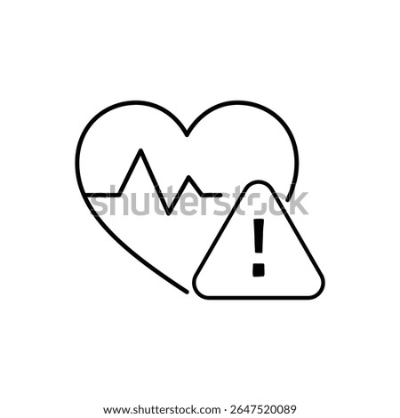 An outline vector icon of a heart with a heartbeat line and warning sign, ideal for health alerts or cardiac concerns.