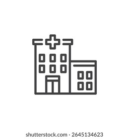Ícone vetorial de contorno de um edifício hospitalar com uma cruz. Este ícone de linha é um símbolo para as instituições de saúde, cuidados de emergência e instituições médicas.