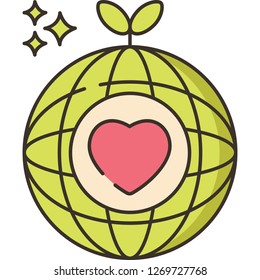 Outline vector icon illustration of earth with heart sign, eco friendly