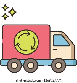 Outline vector icon illustration of garbage truck with green recycle sign