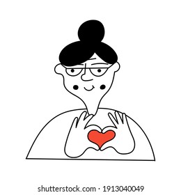 Outline vector icon illustration. Old lady showing heart gesture. 