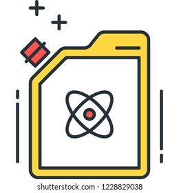 Outline vector icon of a jerrycan with atom symbol, nuclear fuel concept illustration