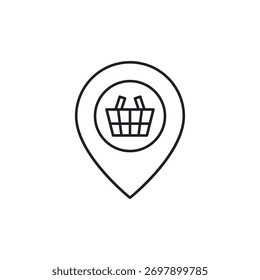 Icono de Vector de contorno de un pin de mapa combinado con un Pequeño símbolo de cesta de la compra.