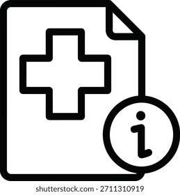 Ícone de vetor de contorno de um arquivo de documento médico com um símbolo de cruz e informação