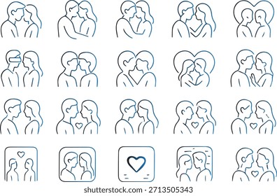 Conjuntos de diversos casais amorosos em várias poses afetuosas, incluindo abraçar, beijar e abraçar, simbolizando romance, relacionamentos e intimidade.