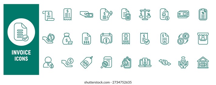 Outline vector icon set for invoices and billing including payments receipts taxes accounting finance documents approvals and financial transactions isolated on white