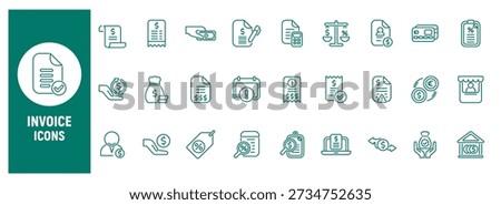 Outline vector icon set for invoices and billing including payments receipts taxes accounting finance documents approvals and financial transactions isolated on white