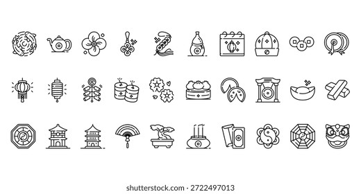 Conjunto de iconos de Vector de contorno Iconos de año Nuevo lunar con símbolo tradicional