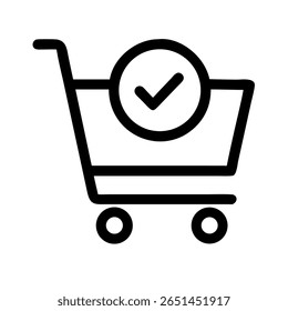 Ícone de vetor de contorno do carrinho de compras com marca de seleção, representando confirmação de compra e finalização de compra bem-sucedida.