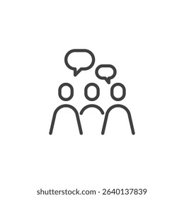 Outline vector icon showing a group of three people with a speech bubble, representing discussion or teamwork. This line style icon is a strong communication symbol and logo illustration