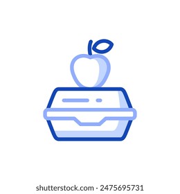 Outline vector icon of a small lunch box for school children with an apple on top. Can be used in school nutrition programs, on labels, stickers and packaging of school supplies