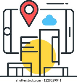 Outline vector icon of smartphone with city buildings, location, augmented reality concept illustration