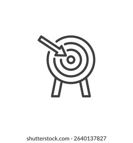 Outline vector icon of a target with an arrow hitting the center, symbolizing goal success. This line style icon is perfect for strategic planning visuals. Logo symbol icon format.