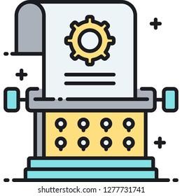 Outline vector icon of a typewriter and a paper with gear symbol illustration, literature work concept