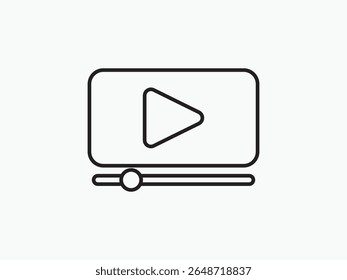 Outline vector icon of a video player with play button and progress bar. Ideal for UI design, media apps, websites, and multimedia interfaces.