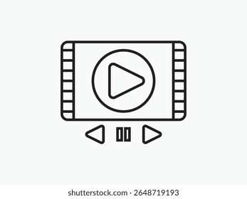 Outline vector icon of a video player with play, pause, and skip buttons. Ideal for media apps, websites, and multimedia 