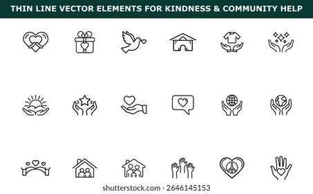Outline vector icons of hearts gifts dove houses hands star globe peace signs community help