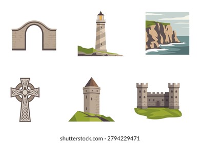Outline vector icons for Irish landmarks, illustrating ancient bridge, coastal lighthouse, cliff edge, Celtic cross, round tower, and historic castle.