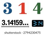 Outline vector icons for mathematical concepts, showing Pi constant, digital clock time, complex blackboard formulas, and geometry education.
