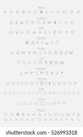 Outline vector icons set, contains weather, food and drinks, space, laboratory, business, time, barbershop, arrows, balloons and web