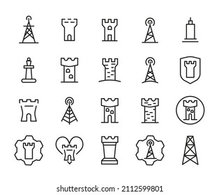 Outline Vector Icons Set Related Tower Isolated On White Background. Custom Symbol For Your Website, Logo, App, User Interface.