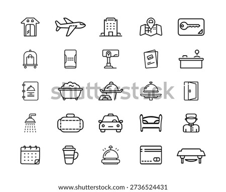 Outline vector icons set of representing hotel services, hospitality, and accommodation
