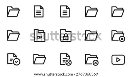 Outline vector icons show document, folder, zip file, locked folder, and delete folder on transparent background.