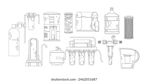 Outline Vector Icons Showcasing Variety Of Water Filtration Systems And Their Components, Pitchers, Filters, Dispensers