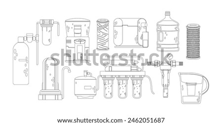 Outline Vector Icons Showcasing Variety Of Water Filtration Systems And Their Components, Pitchers, Filters, Dispensers